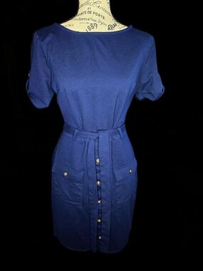 Classic Belted Navy Midi Dress with Button-Front Detail